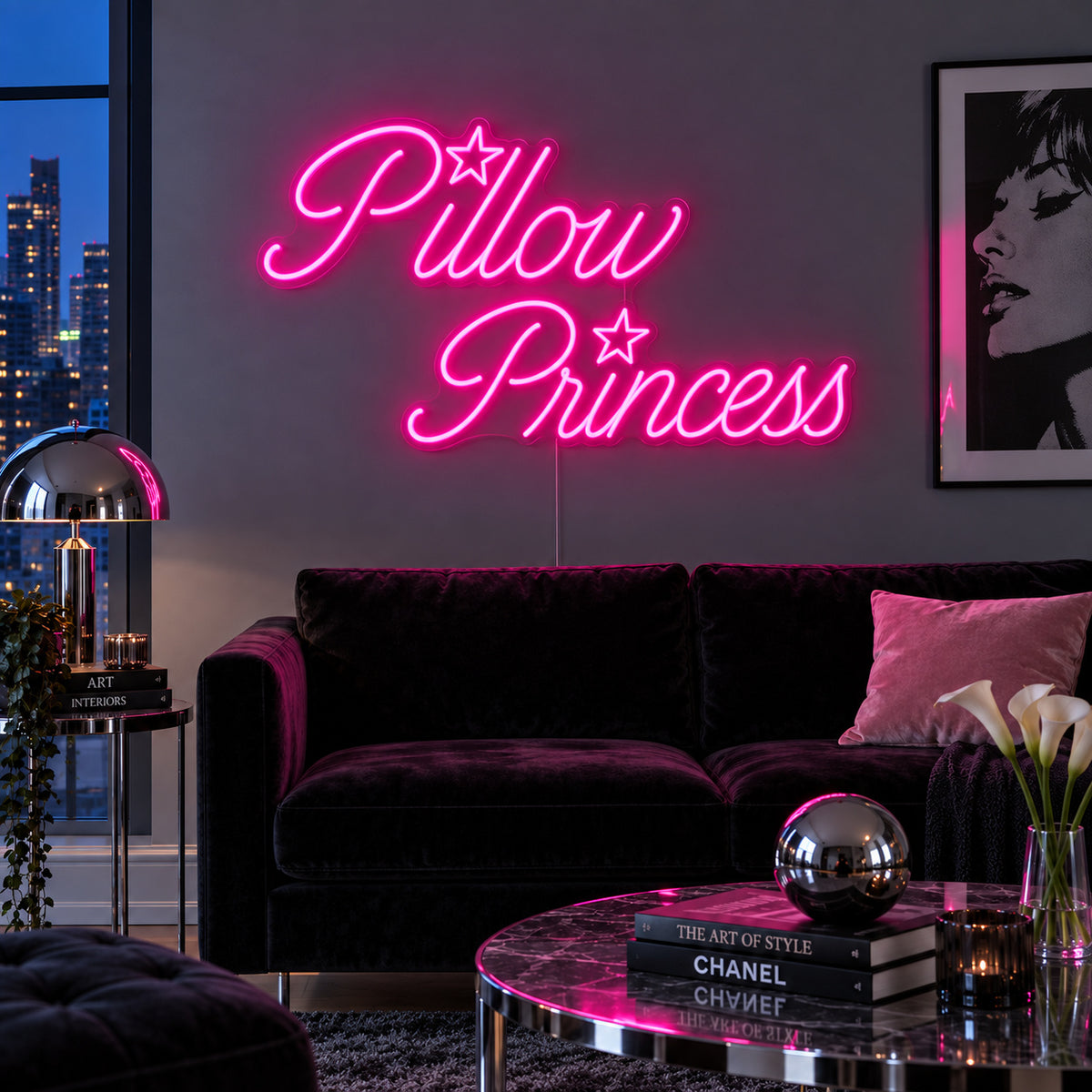 Rose Red version of the Pillow Princess Neon Sign, shown with star details above a dark purple sofa.