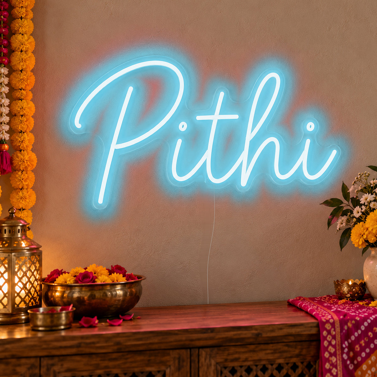 Pithi Neon Sign in ice blue LED neon on clear acrylic, angled view
