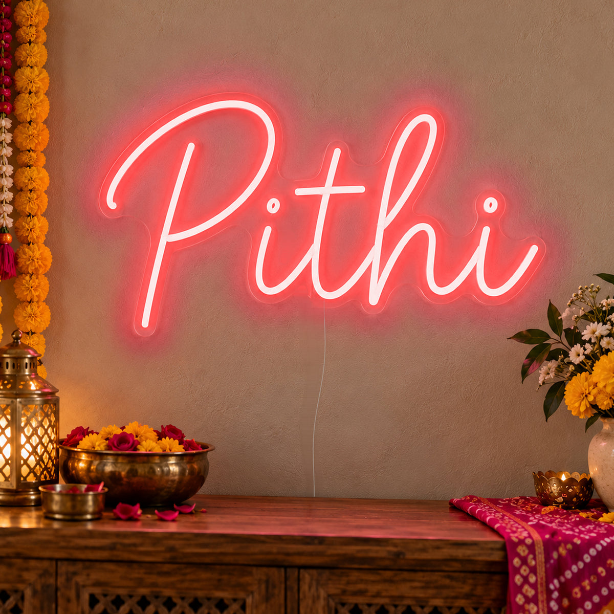 Pithi Neon Sign in red LED neon on clear acrylic, angled view