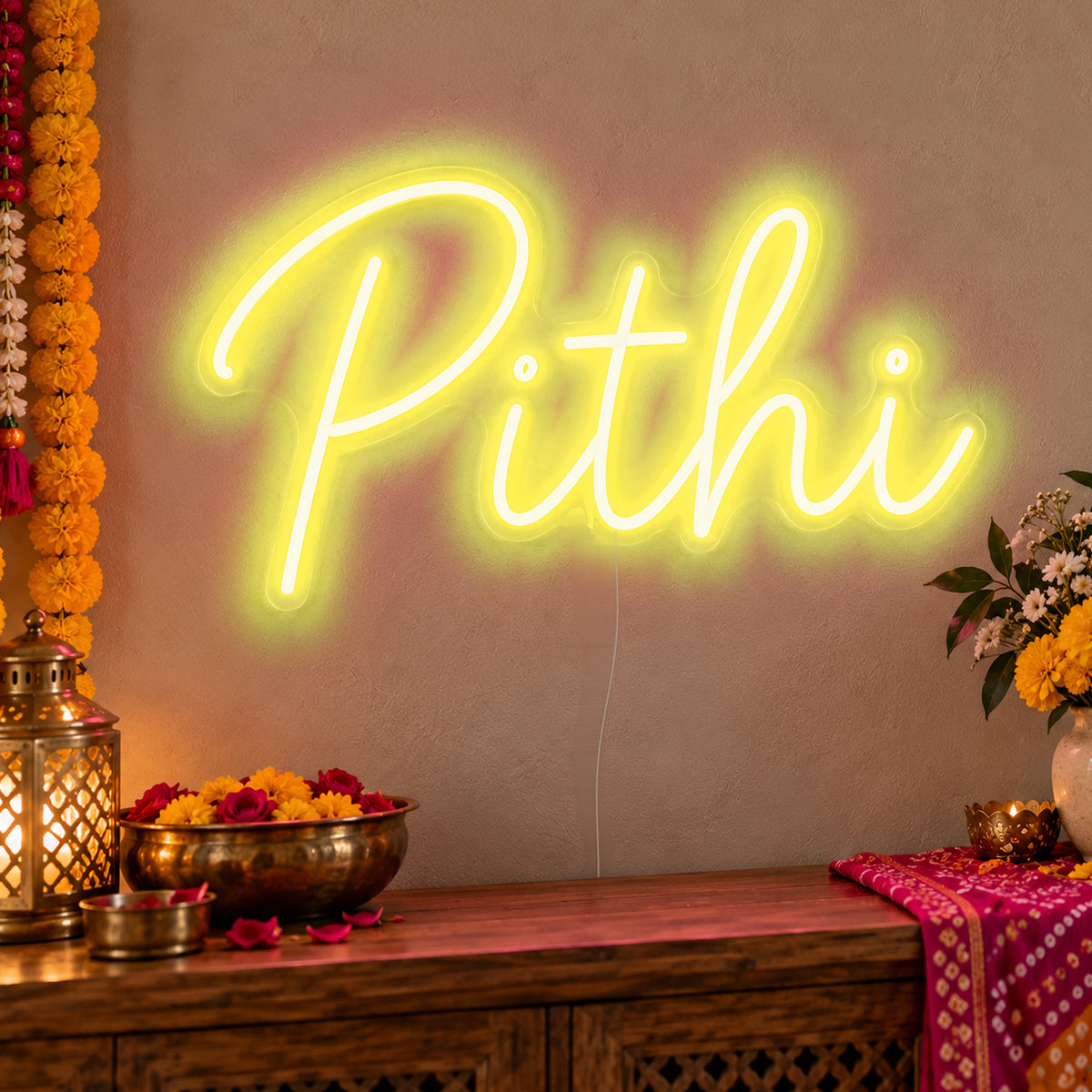 Pithi Neon Sign in yellow LED neon on clear acrylic, angled view