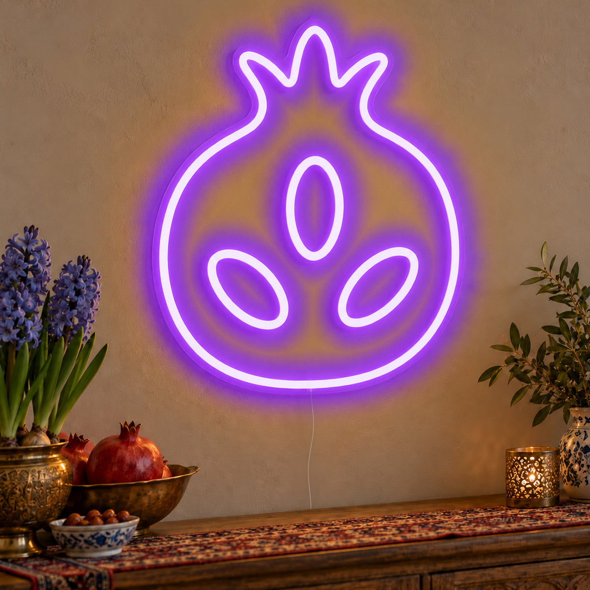Pomegranate Neon Sign in purple LED neon on clear acrylic, angled view