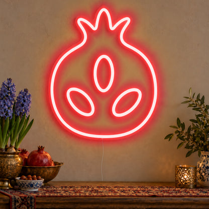 Pomegranate Neon Sign in red LED neon on clear acrylic, angled view