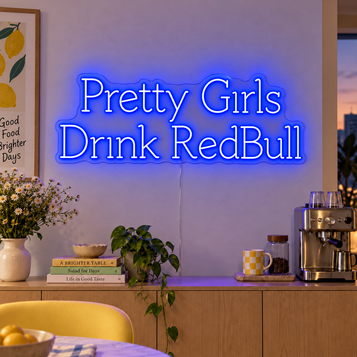 Pretty Girls Drink RedBull Neon Sign glowing blue above a kitchen counter.