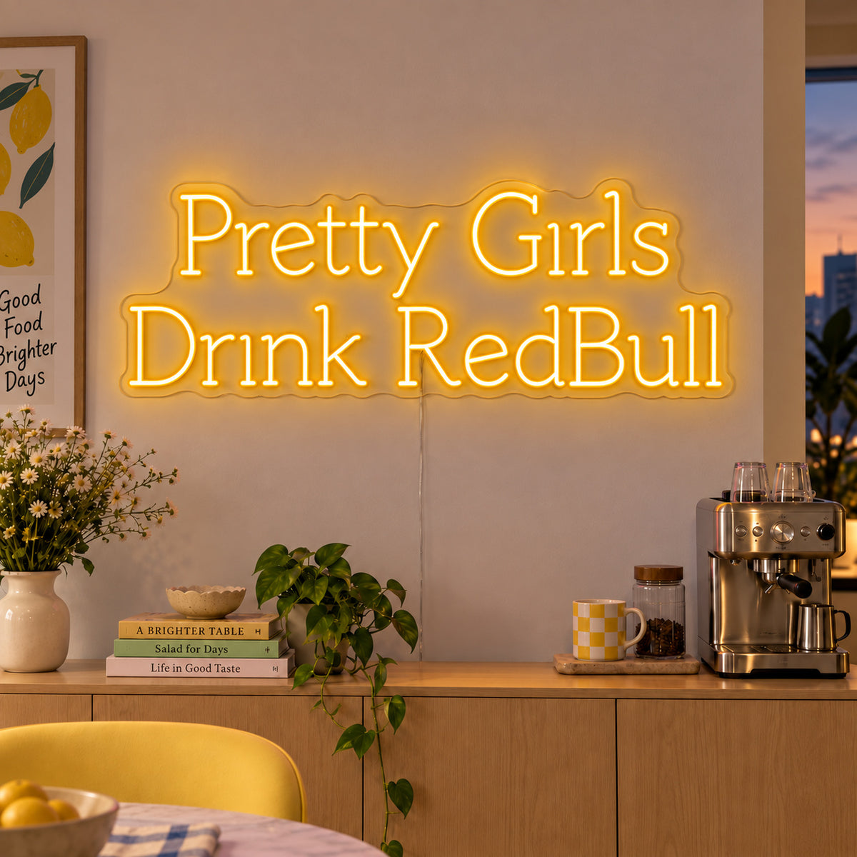 Pretty Girls Drink RedBull Neon Sign glowing gold above a kitchen counter.