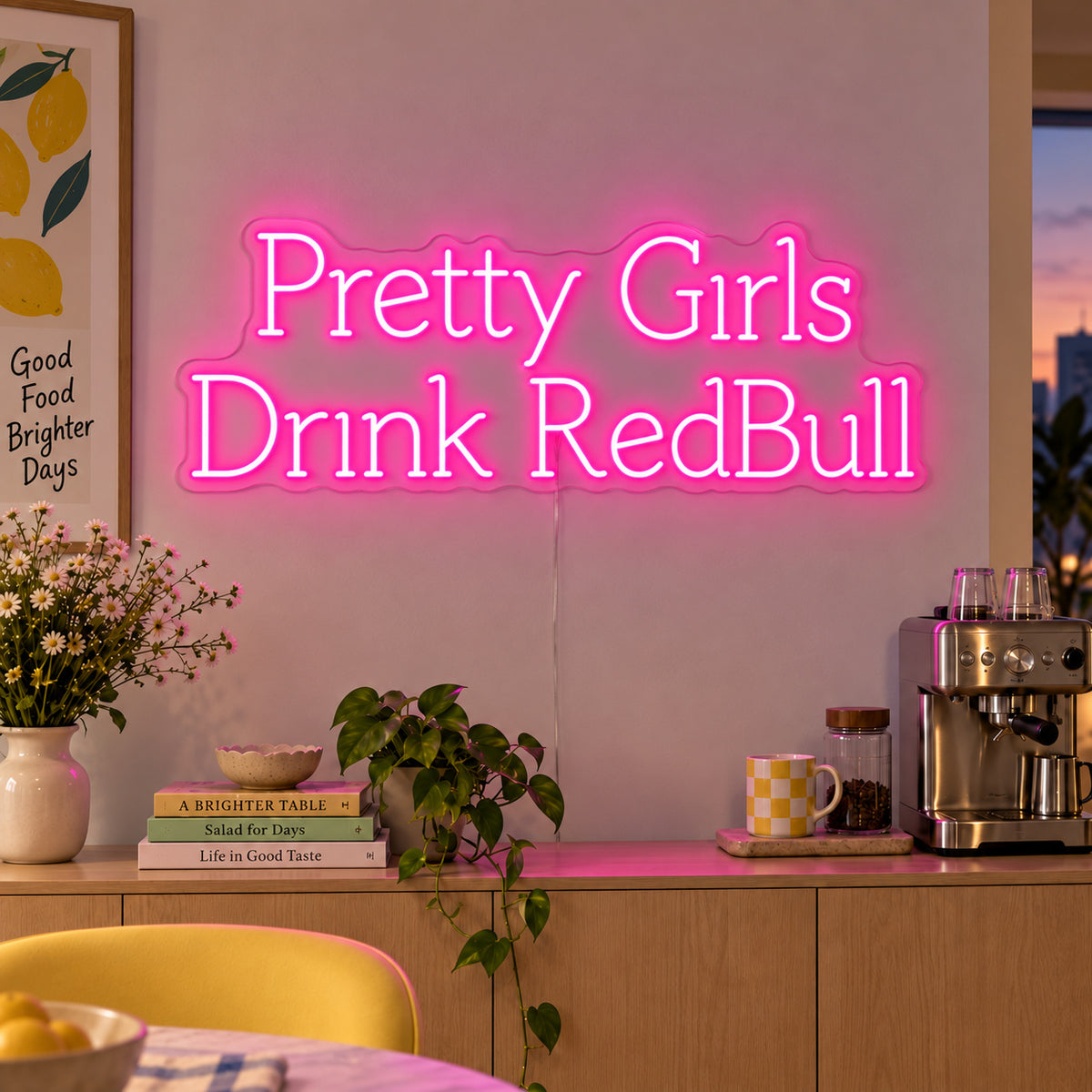 Pretty Girls Drink RedBull Neon Sign glowing pink above a kitchen counter.