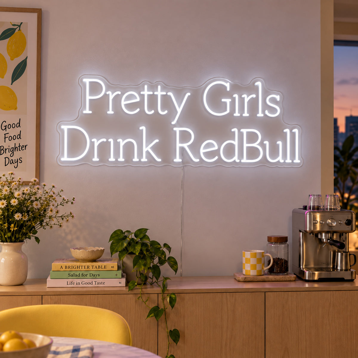 Pretty Girls Drink RedBull Neon Sign, RGB colour-changing option shown in white above a kitchen counter.