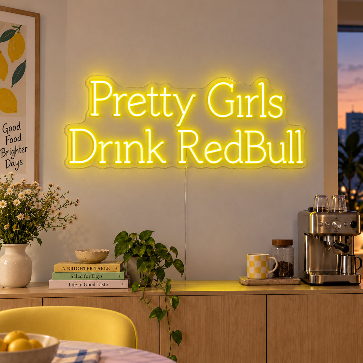 Pretty Girls Drink RedBull Neon Sign with yellow lighting, displayed above a kitchen counter.