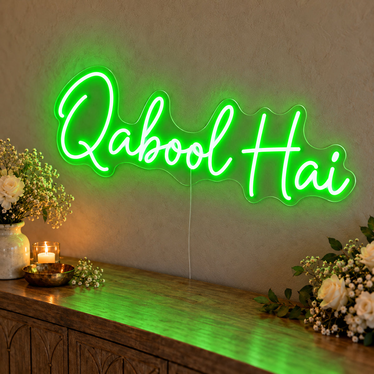 Qabool Hai Neon Sign in green LED neon on clear acrylic, angled view