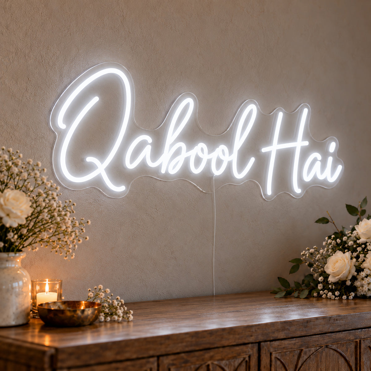 Qabool Hai Neon Sign in white LED neon on clear acrylic, angled view