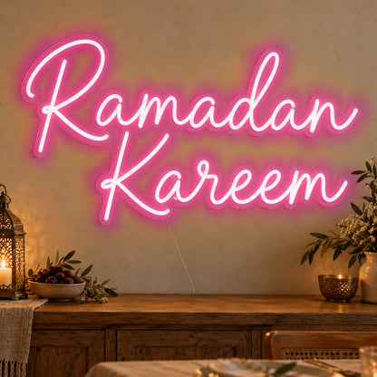 Ramadan Kareem Neon Sign in rose red LED neon on clear acrylic, angled view