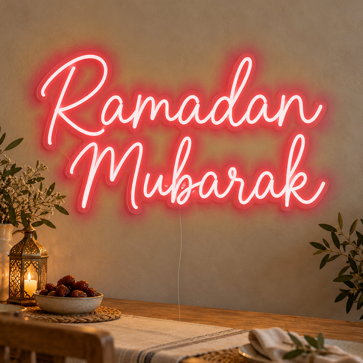 Ramadan Mubarak Neon Sign in red LED neon on clear acrylic, angled view