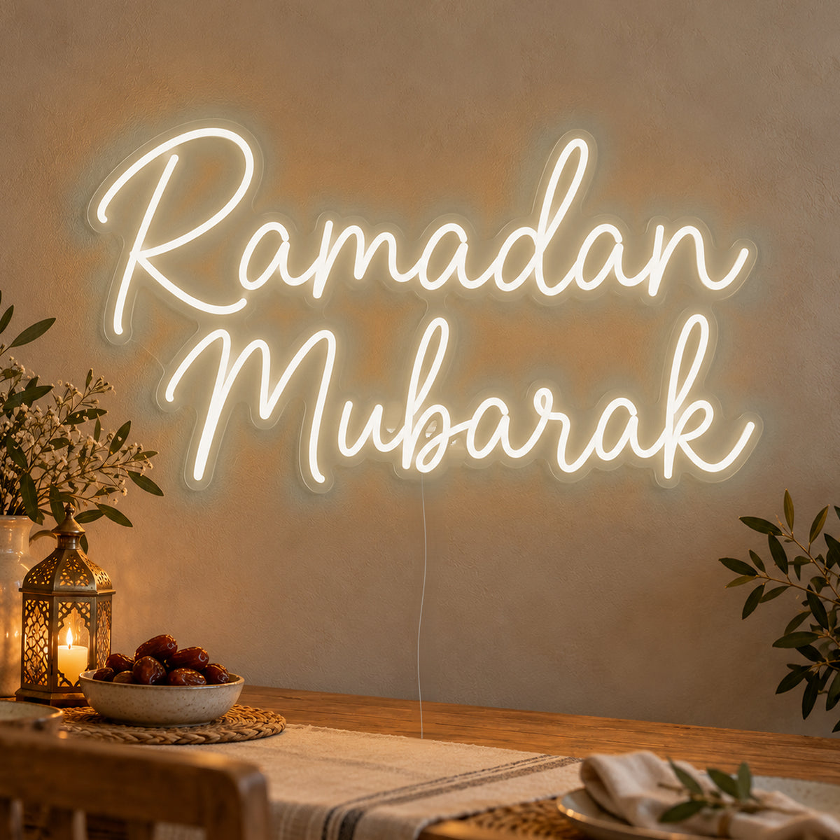 Ramadan Mubarak Neon Sign in warm white LED neon on clear acrylic, angled view