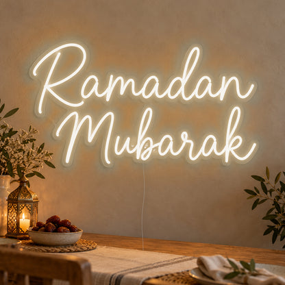 Ramadan Mubarak Neon Sign in warm white LED neon on clear acrylic, angled view