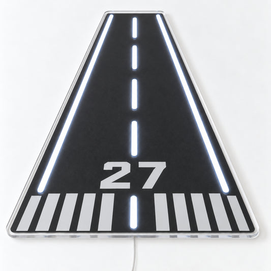 Runway 27 Neon Sign, featuring a perspective view of runway 27, on a single clear acrylic backing displayed on a white surface.