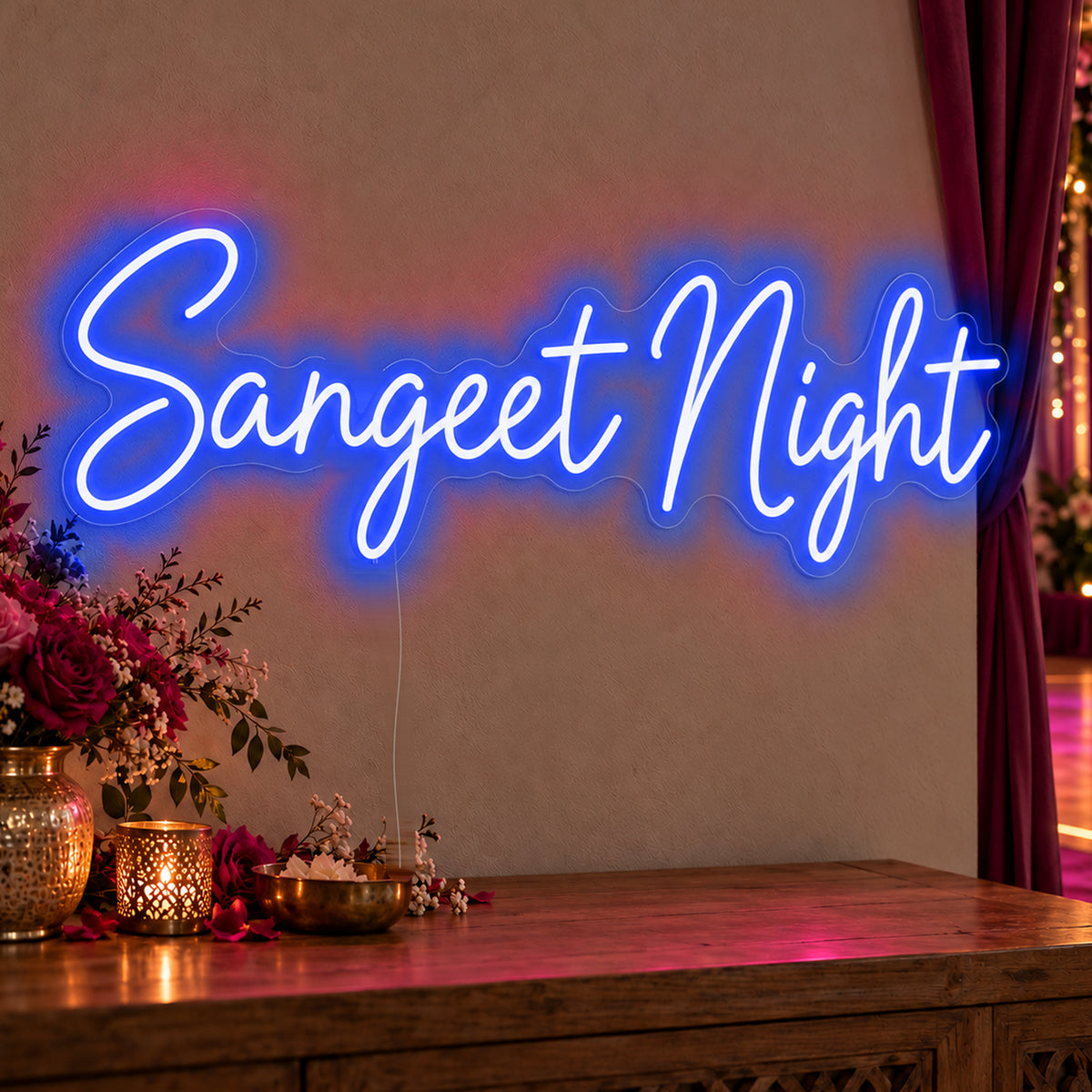Sangeet Night Neon Sign in blue LED neon on clear acrylic, angled view