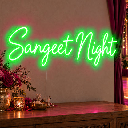 Sangeet Night Neon Sign in green LED neon on clear acrylic, angled view