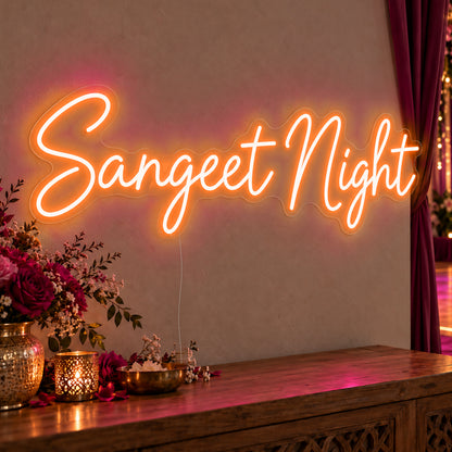 Sangeet Night Neon Sign in orange LED neon on clear acrylic, angled view