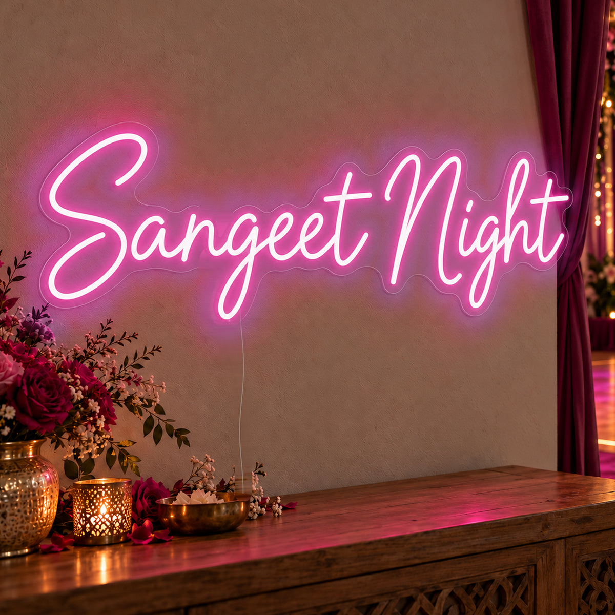 Sangeet Night Neon Sign in pink LED neon on clear acrylic, angled view