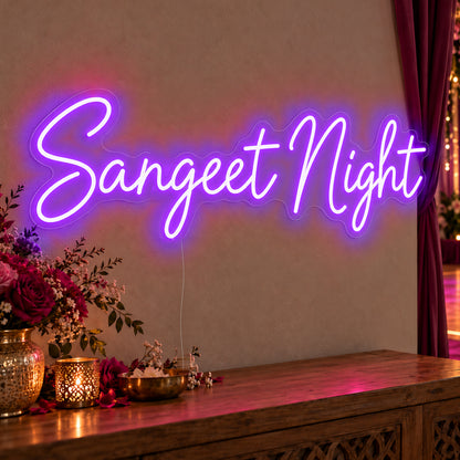 Sangeet Night Neon Sign in purple LED neon on clear acrylic, angled view