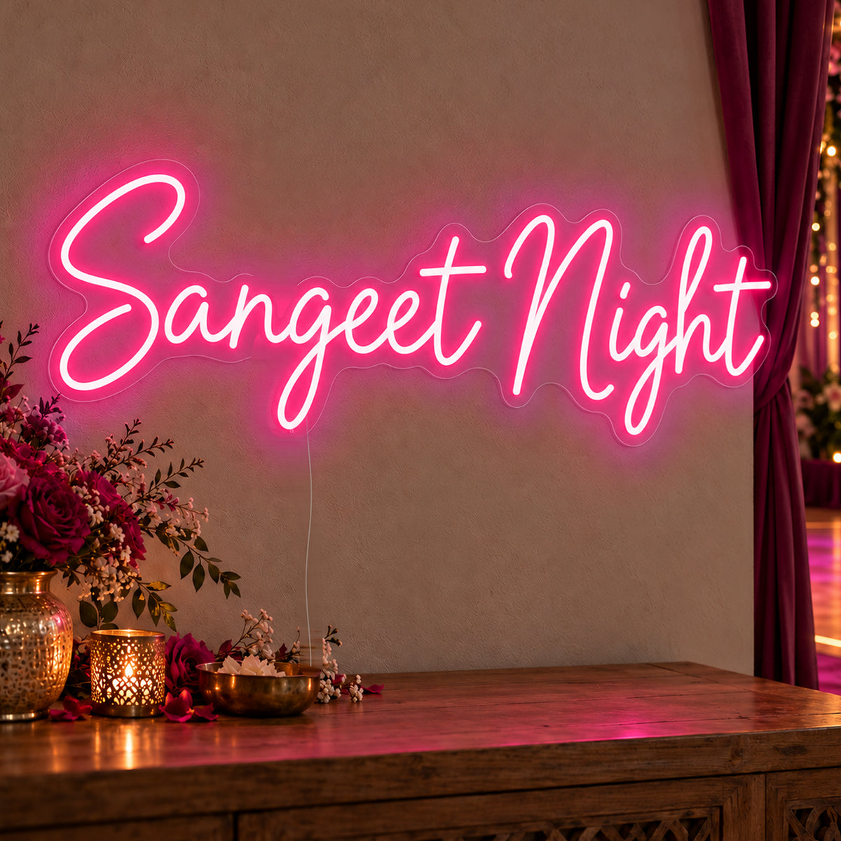 Sangeet Night Neon Sign in rose red LED neon on clear acrylic, angled view
