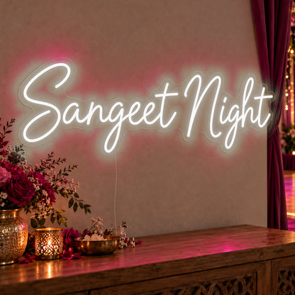 Sangeet Night Neon Sign in white LED neon on clear acrylic, angled view