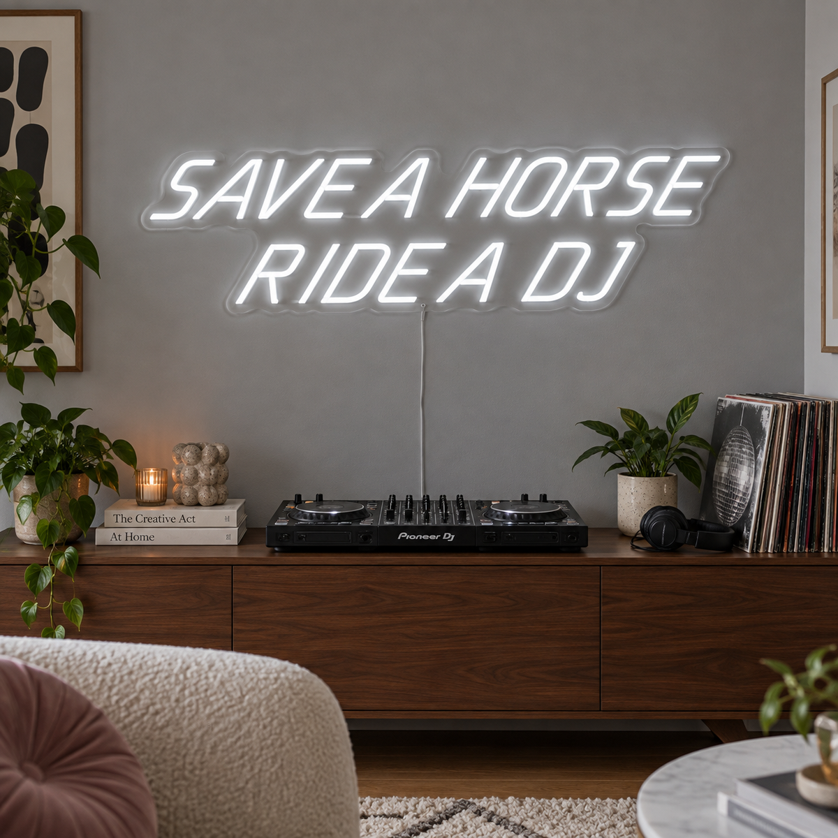 Save A Horse Ride A DJ Neon Sign, RGB colour-changing option shown in white above a turntable on a wooden sideboard.