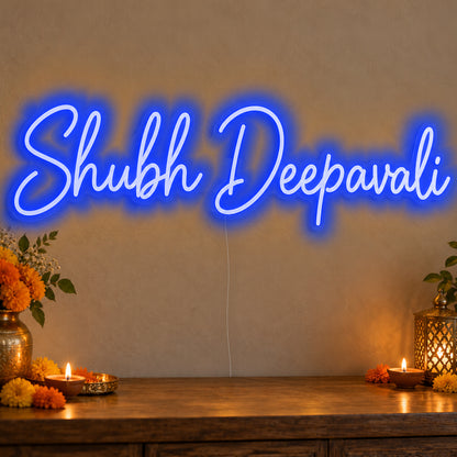 Shubh Deepavali Neon Sign in blue LED neon on clear acrylic, angled view