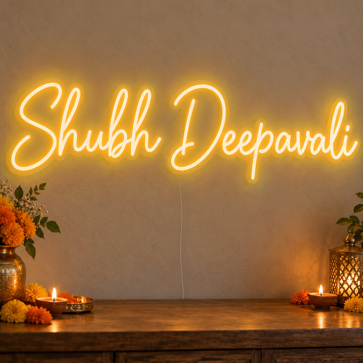 Shubh Deepavali Neon Sign in gold LED neon on clear acrylic, angled view
