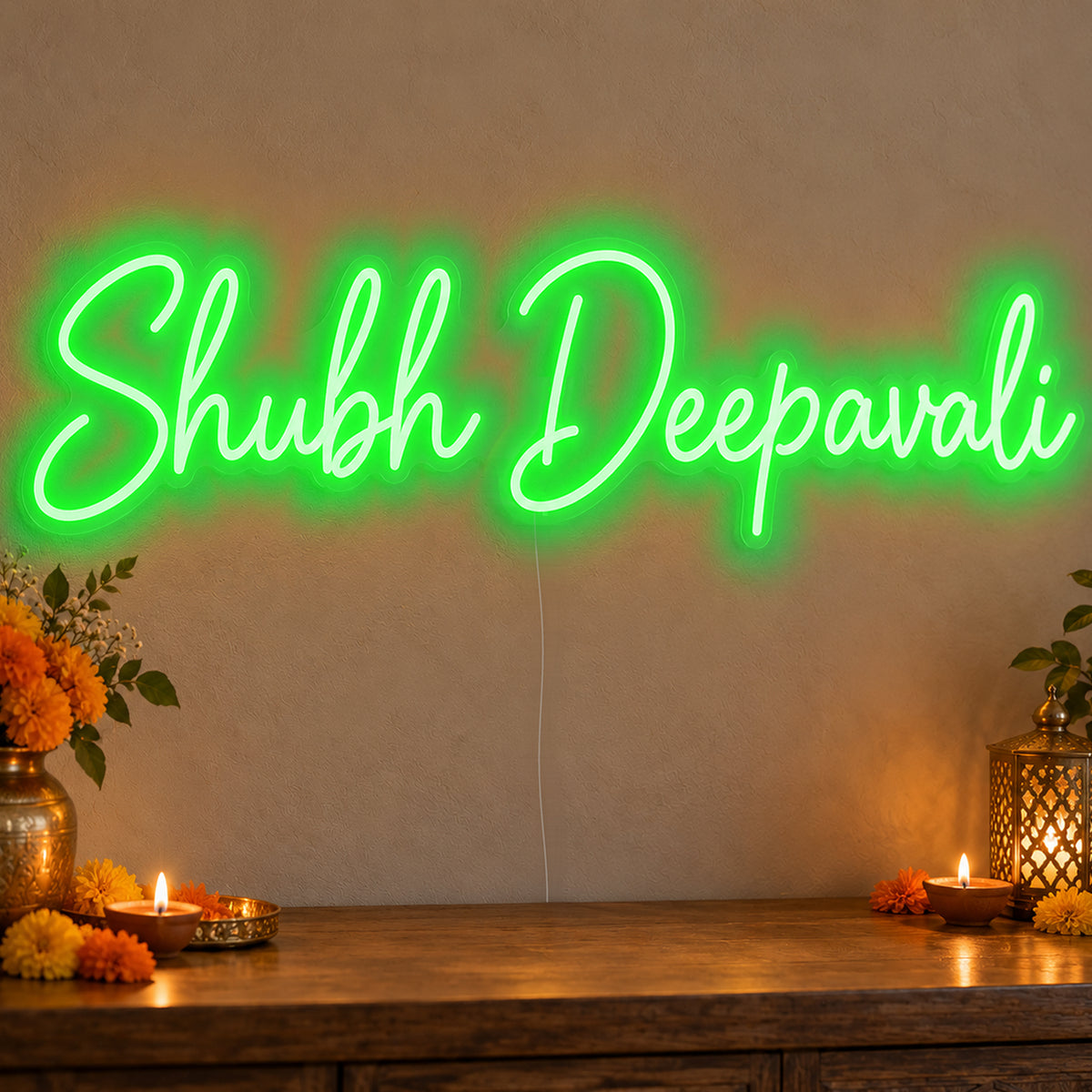 Shubh Deepavali Neon Sign in green LED neon on clear acrylic, angled view