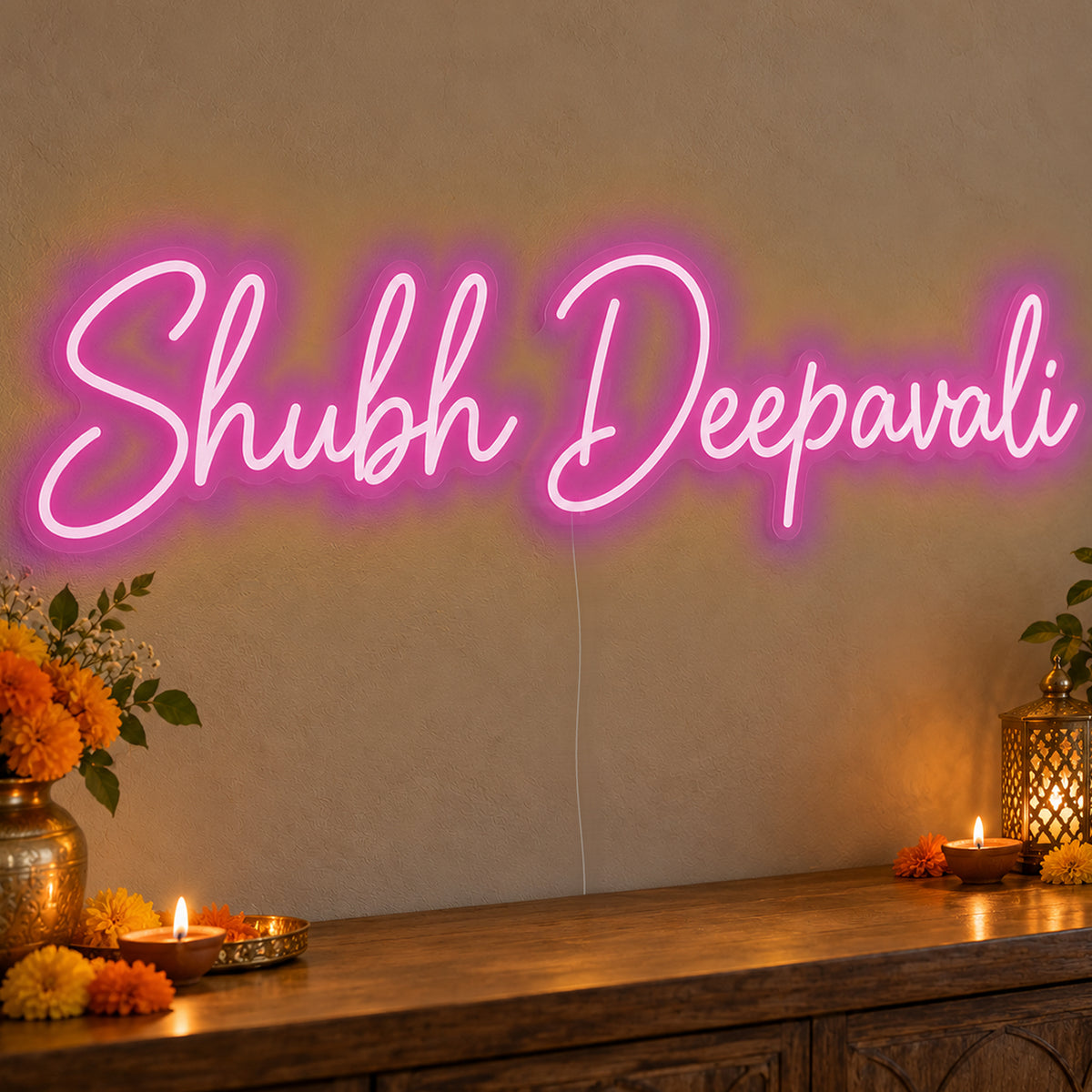 Shubh Deepavali Neon Sign in pink LED neon on clear acrylic, angled view
