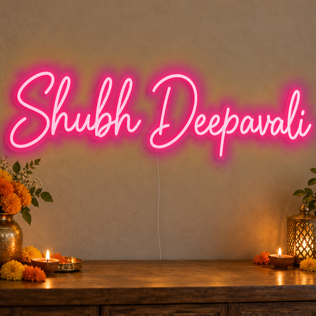 Shubh Deepavali Neon Sign in rose red LED neon on clear acrylic, angled view