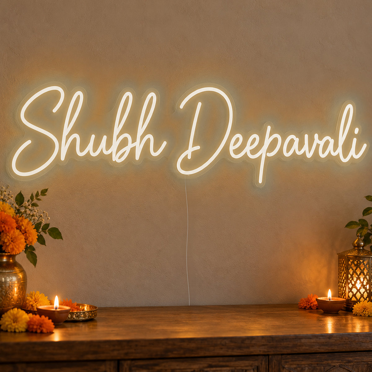 Shubh Deepavali Neon Sign in warm white LED neon on clear acrylic, angled view