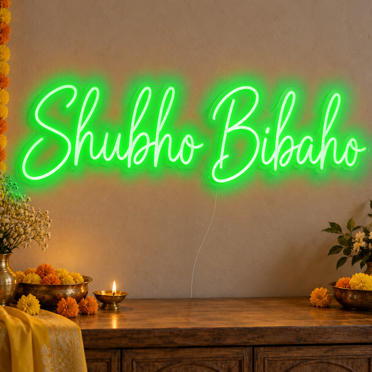 Shubho Bibaho Neon Sign in green LED neon on clear acrylic, angled view