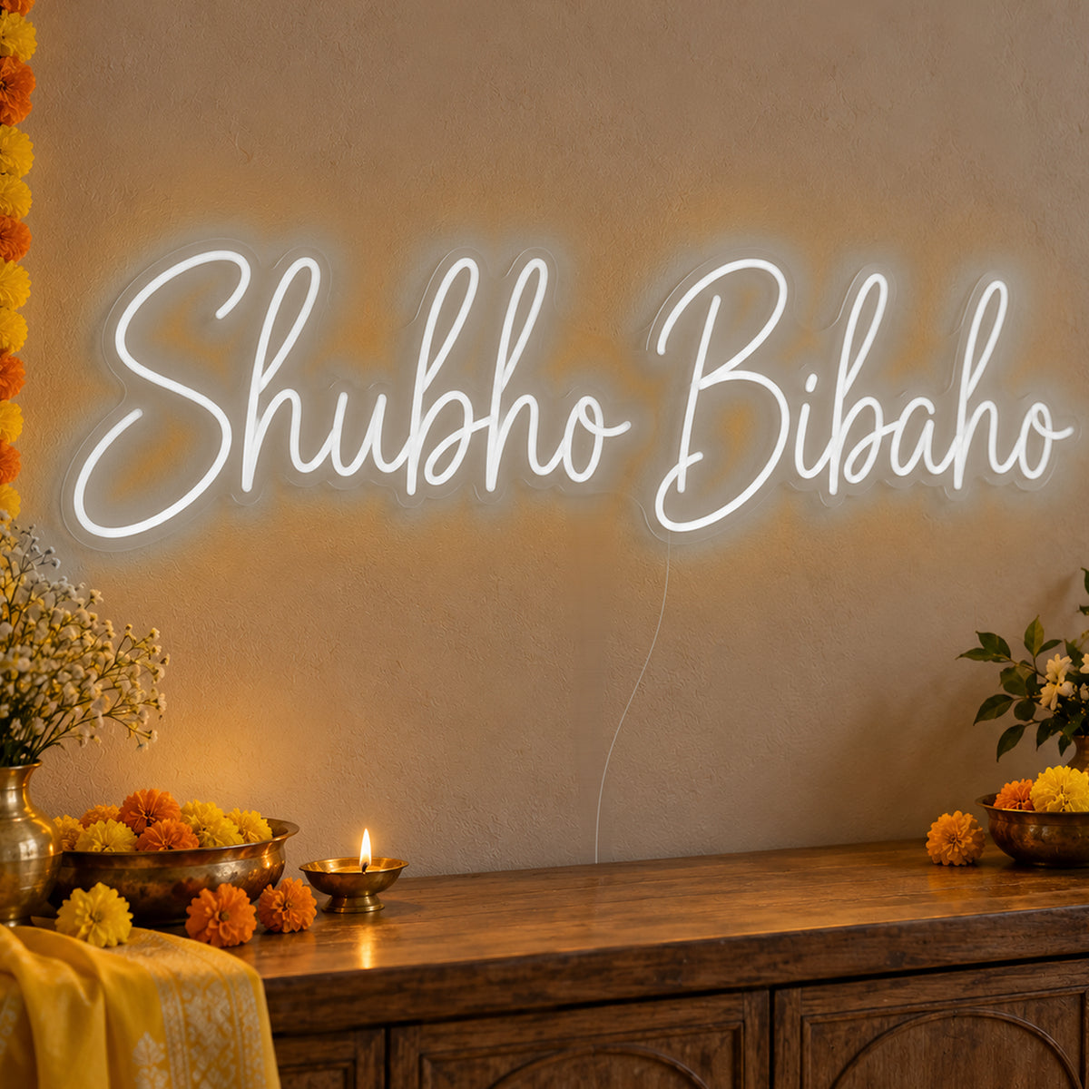 Shubho Bibaho Neon Sign in white LED neon on clear acrylic, angled view