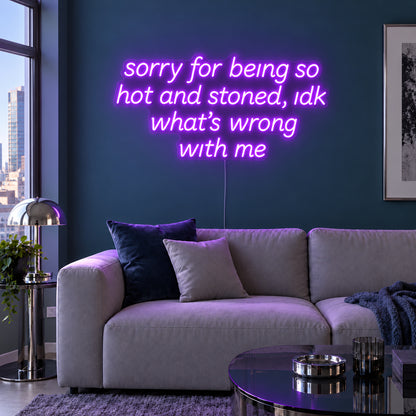 Sorry For Being So Hot And Stoned, Idk What's Wrong With Me Neon Sign with purple lighting, displayed above a grey sofa against a blue wall.