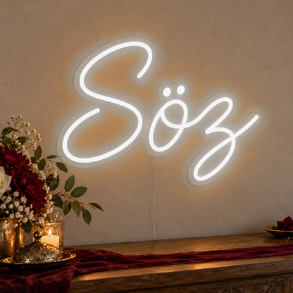 Söz Neon Sign in white LED neon on clear acrylic, angled view