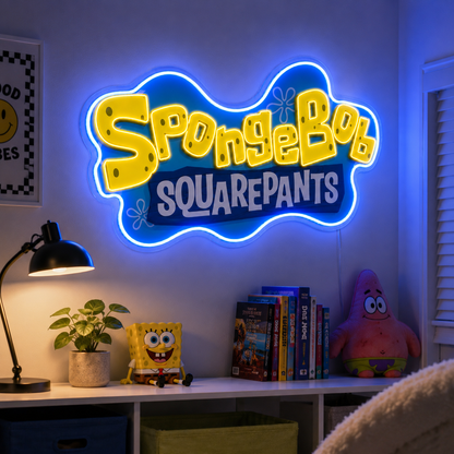 SpongeBob SquarePants neon sign glowing above a desk in a kids bedroom