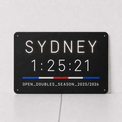 Sydney hybrid race finish time LED neon sign in white neon on a black acrylic panel, with a personalised finish time and division and season line