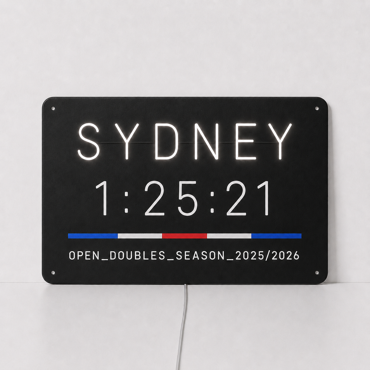 Sydney hybrid race finish time LED neon sign in white neon on a black acrylic panel, with a personalised finish time and division and season line