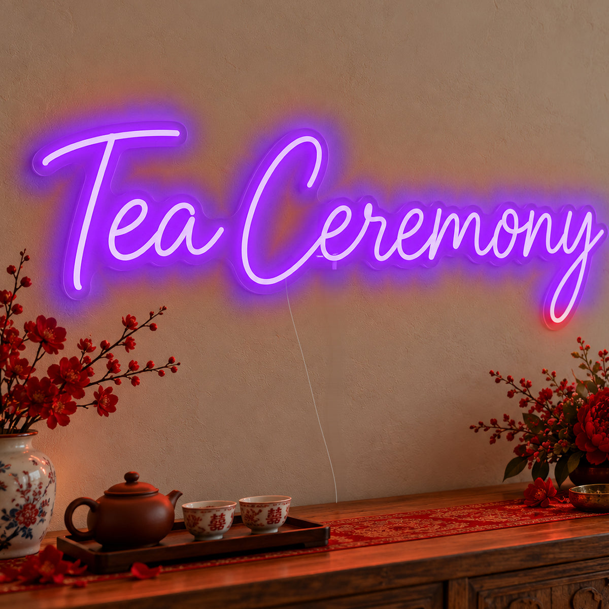 Tea Ceremony Neon Sign in purple LED neon on clear acrylic, angled view