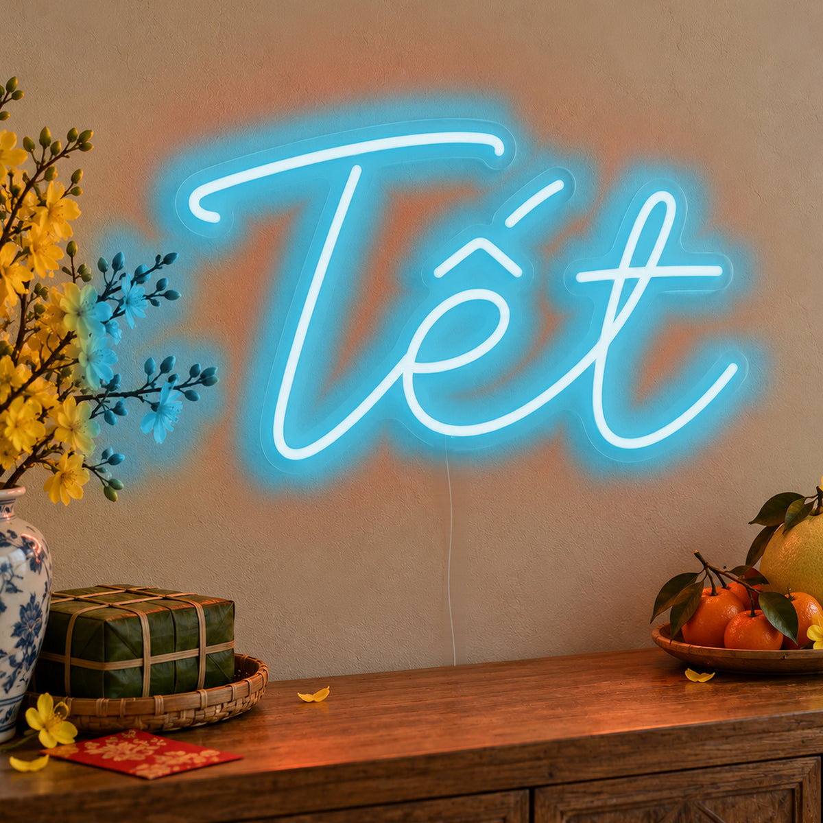 Tết Neon Sign in ice blue LED neon on clear acrylic, angled view