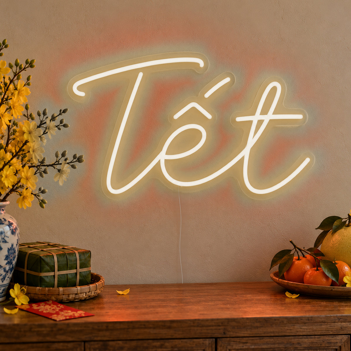 Tết Neon Sign in warm white LED neon on clear acrylic, angled view