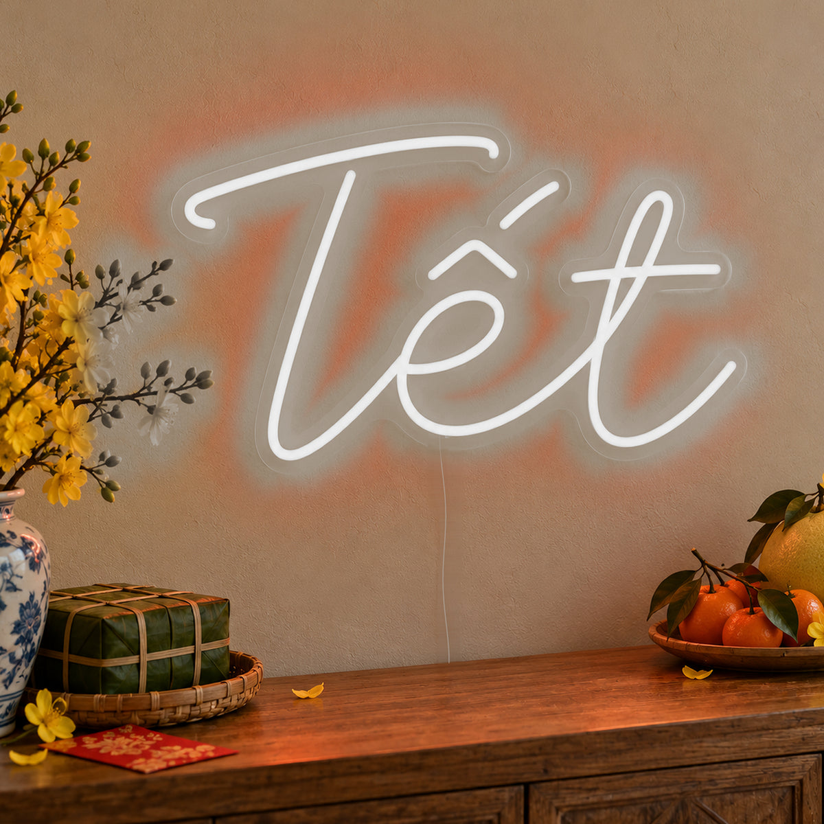 Tết Neon Sign in white LED neon on clear acrylic, angled view