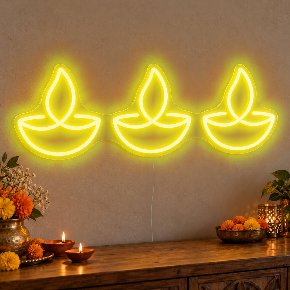 Three Diyas Neon Sign in yellow LED neon on clear acrylic, angled view