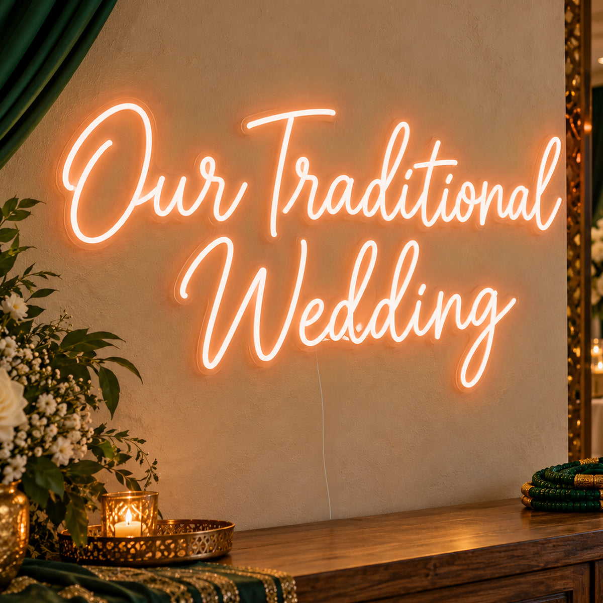 Traditional Wedding Neon Sign in orange LED neon on clear acrylic, angled view