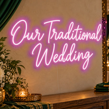 Traditional Wedding Neon Sign in pink LED neon on clear acrylic, angled view