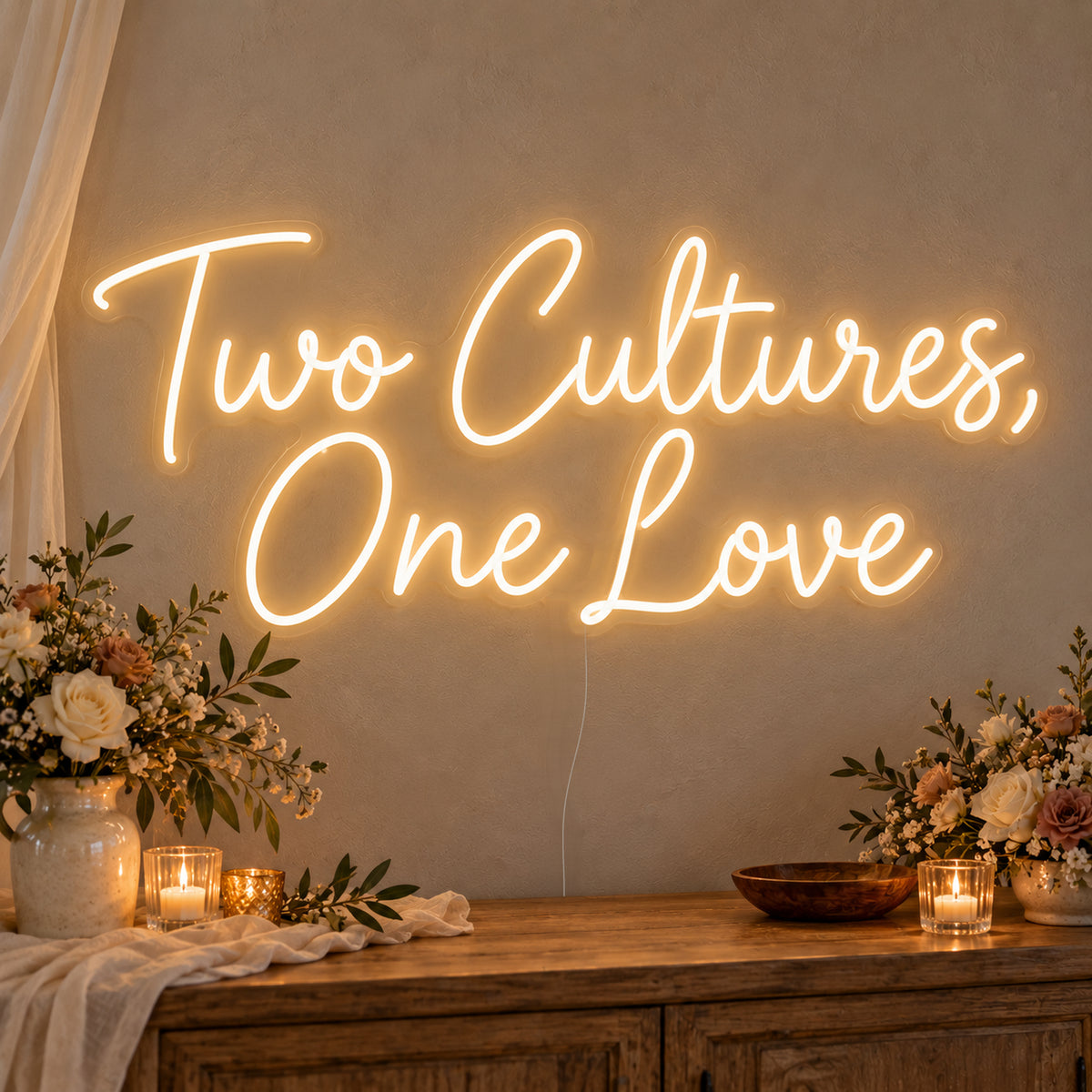 Two Cultures One Love Neon Sign on clear cut-to-shape acrylic, illuminated on a wall in a styled celebration setting