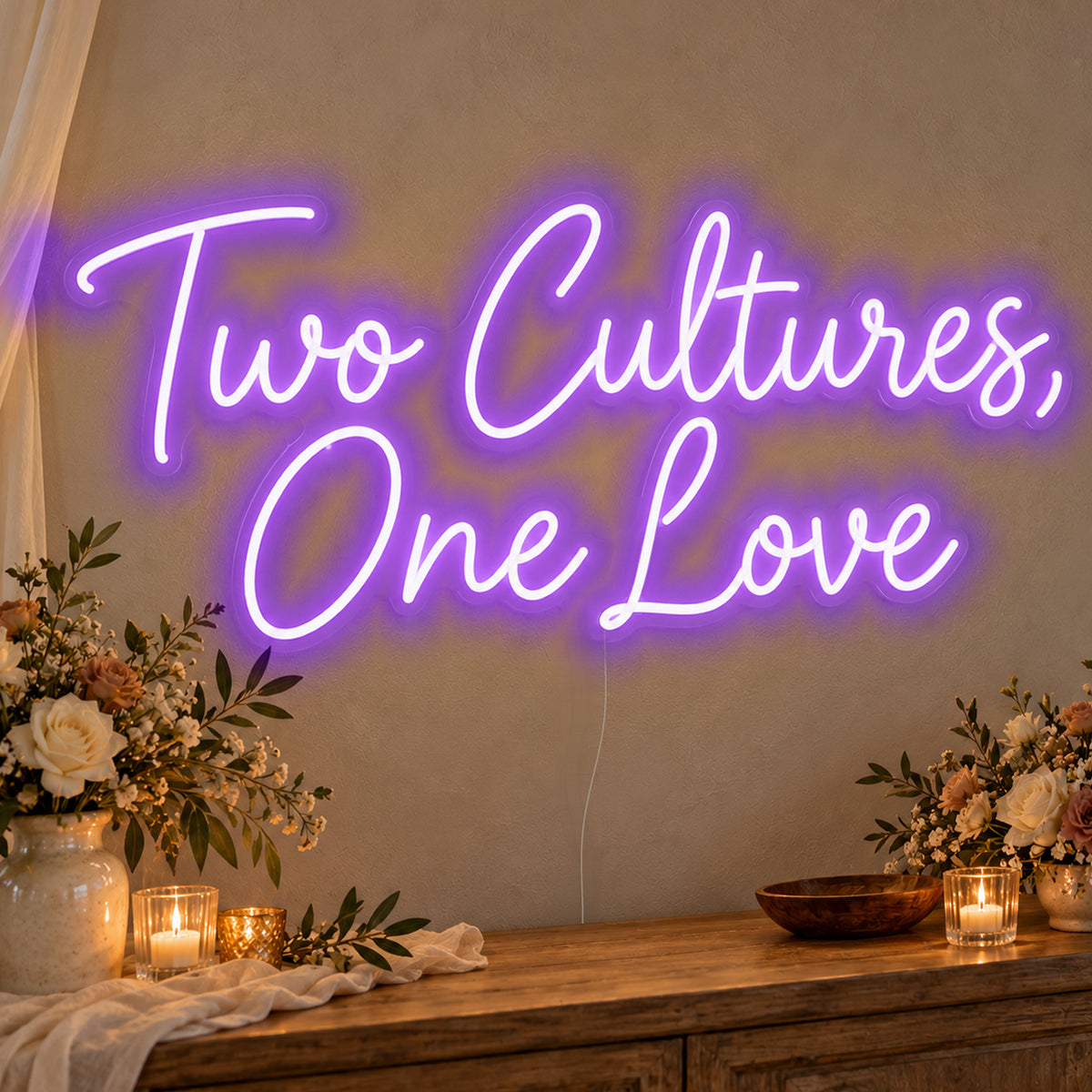 Two Cultures One Love Neon Sign in purple LED neon on clear acrylic, angled view