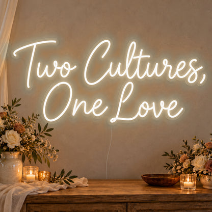 Two Cultures One Love Neon Sign in warm white LED neon on clear acrylic, angled view