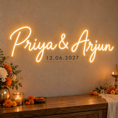 Personalised Wedding Date Neon Sign on clear cut-to-shape acrylic in an illuminated wall display; example personalisation shown.